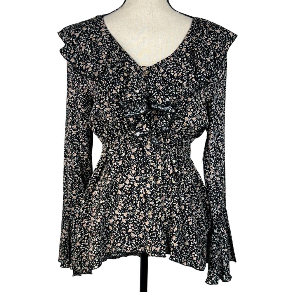 SO Medium Tunic Top Floral Ruffled Long Bell Sleeves V-Neck Hi-Low Hem Pullover
